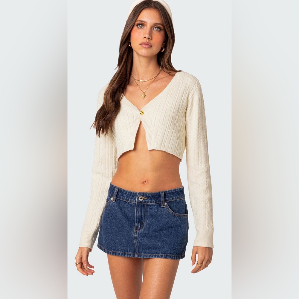 Edikted Noelle Ivory Cable Knit Cropped Cardigan